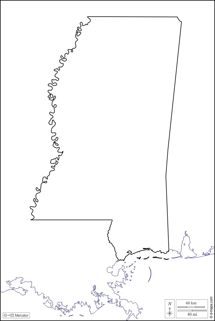 Mississippi : d-maps.com: mappa gratuita, mappa muta gratuita, cartina muta gratuita : litorali, limiti, bianco