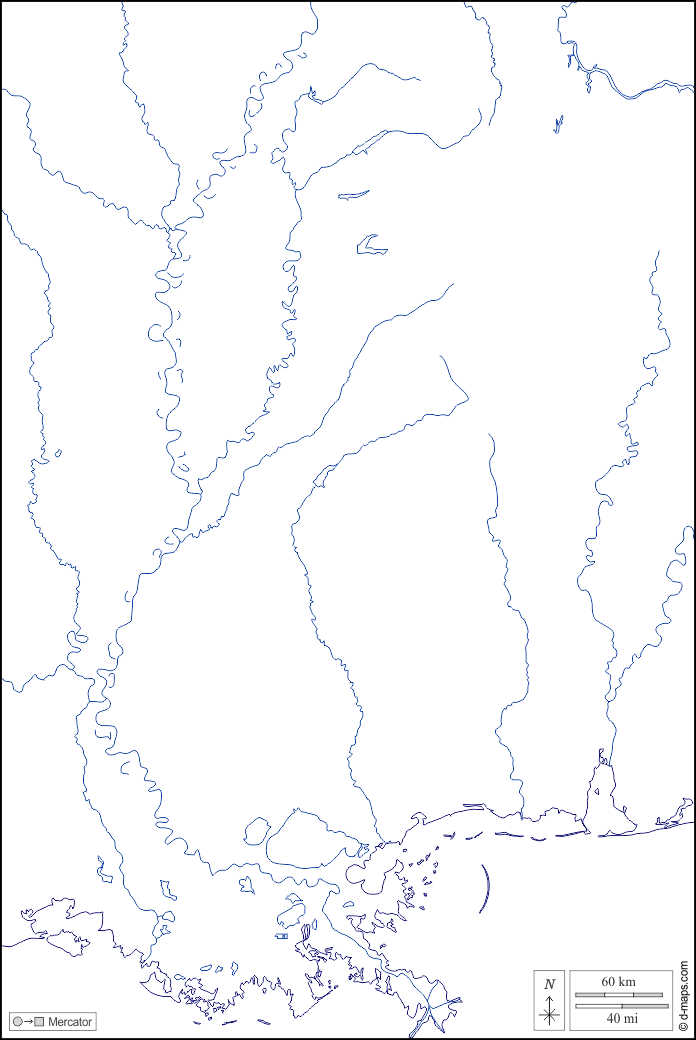 Mississippi : d-maps.com: mappa gratuita, mappa muta gratuita, cartina muta gratuita : litorali, idrografia, bianco