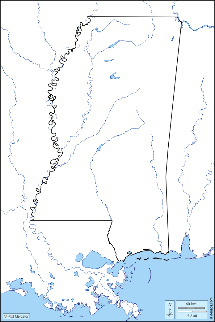 Mississippi : d-maps.com: mappa gratuita, mappa muta gratuita, cartina muta gratuita : litorali, limiti, idrografia