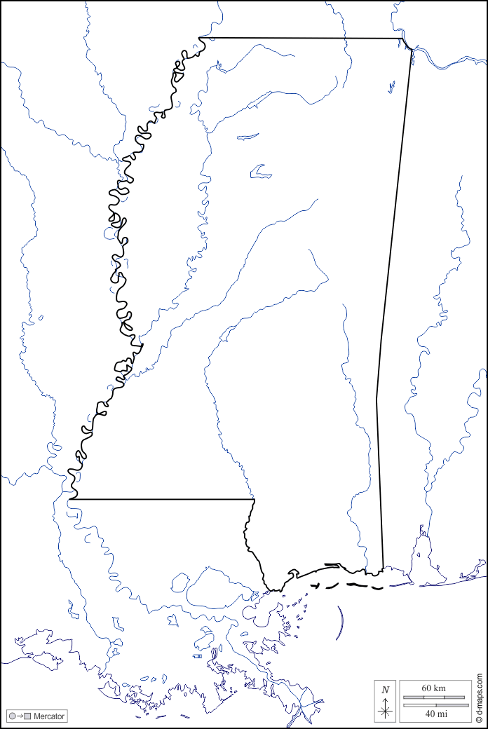 Mississippi : d-maps.com: mappa gratuita, mappa muta gratuita, cartina muta gratuita : litorali, limiti, idrografia, bianco