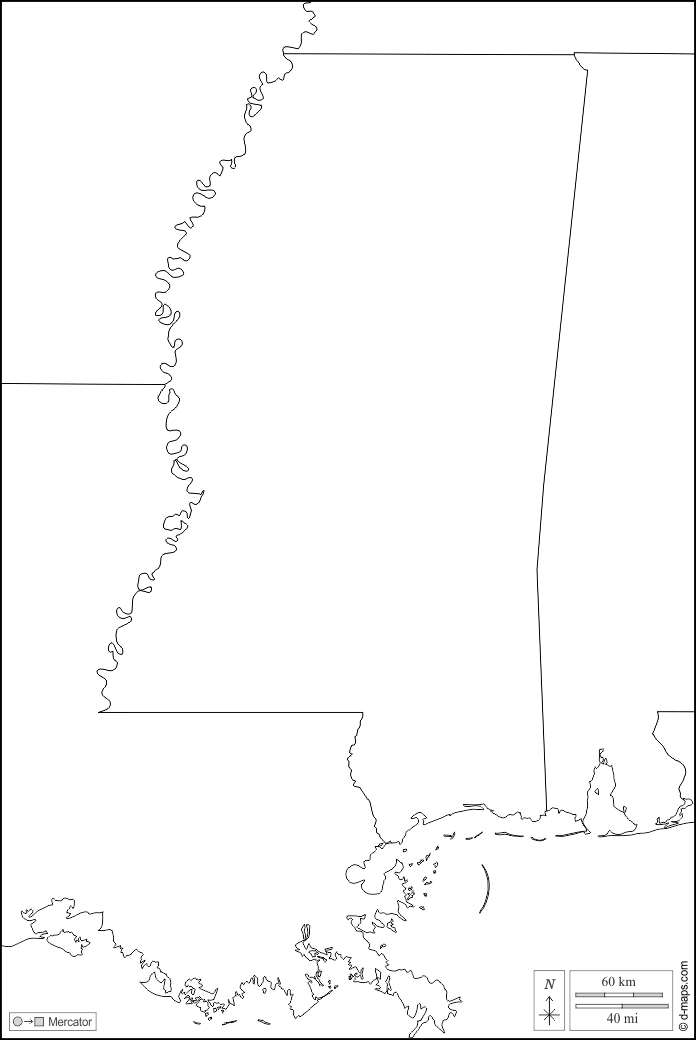Mississippi : d-maps.com: mappa gratuita, mappa muta gratuita, cartina muta gratuita : frontiere, bianco