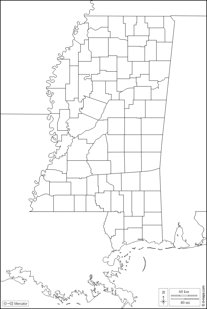 Mississippi : d-maps.com: mappa gratuita, mappa muta gratuita, cartina muta gratuita : frontiere, contee, bianco