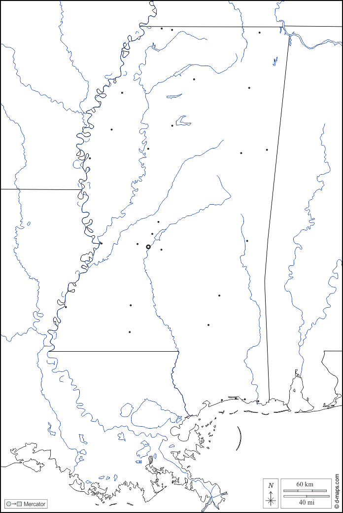 Mississippi : d-maps.com: mappa gratuita, mappa muta gratuita, cartina muta gratuita : frontiere, idrografia, principali città, bianco