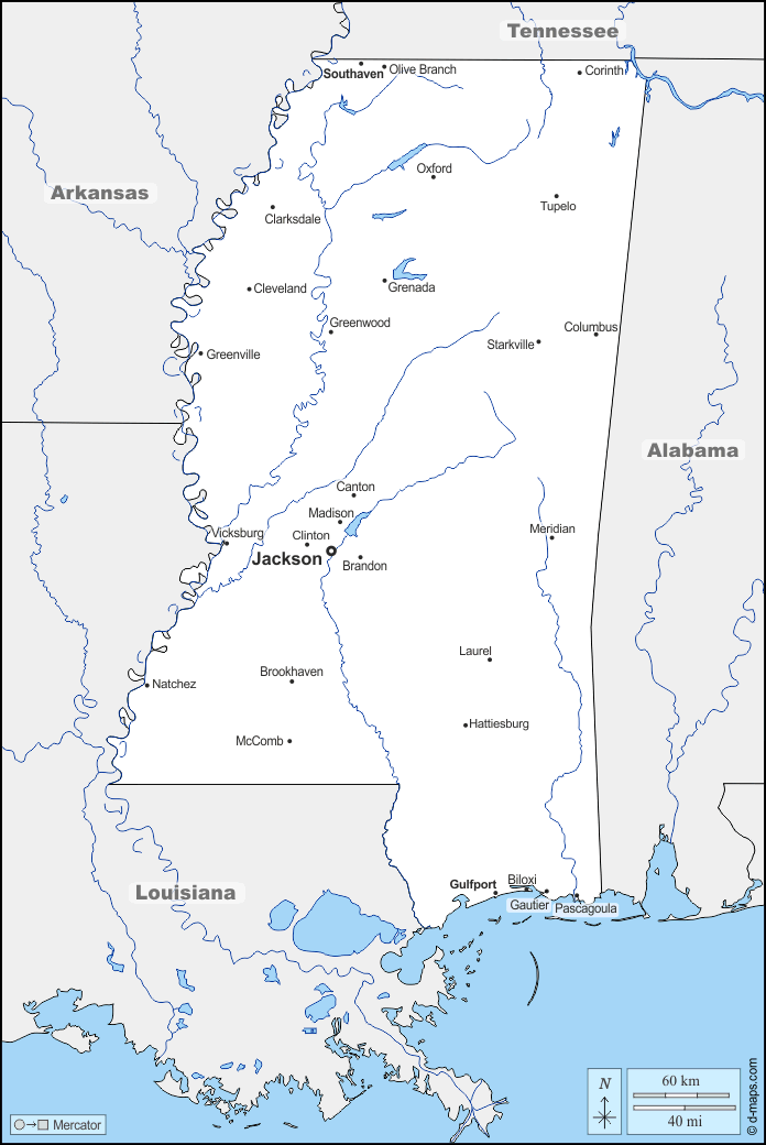 Mississippi : d-maps.com: mappa gratuita, mappa muta gratuita, cartina muta gratuita : frontiere, idrografia, principali città, nomi