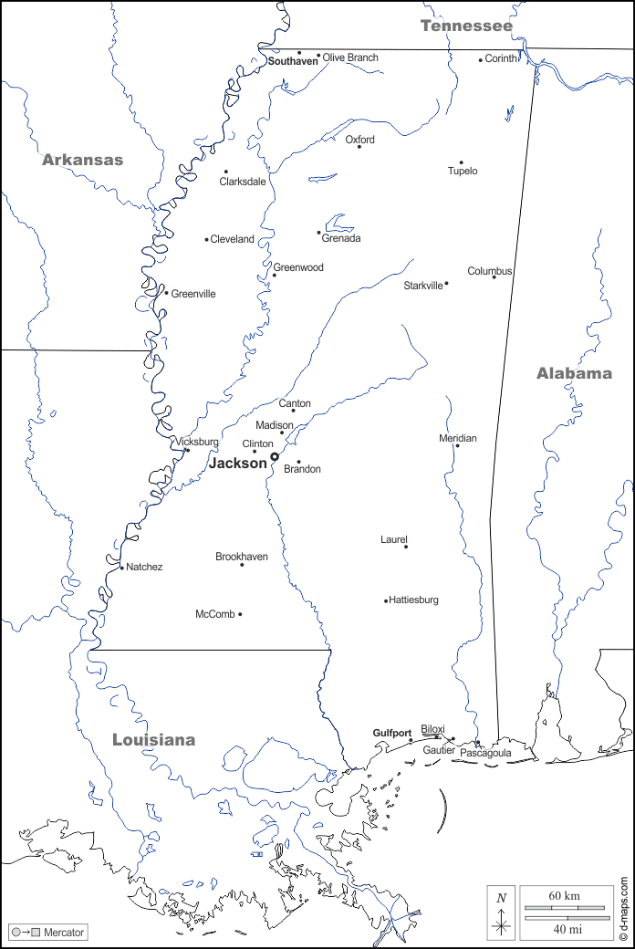 Mississippi : d-maps.com: mappa gratuita, mappa muta gratuita, cartina muta gratuita : frontiere, idrografia, principali città, nomi, bianco