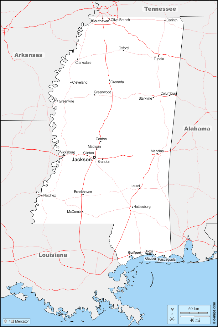 Mississippi : d-maps.com: mappa gratuita, mappa muta gratuita, cartina muta gratuita : frontiere, principali città, strade, nomi