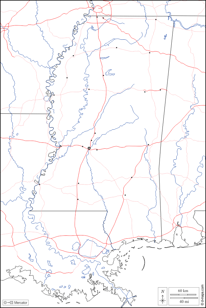 Mississippi : d-maps.com: mappa gratuita, mappa muta gratuita, cartina muta gratuita : frontiere, idrografia, principali città, strade, bianco