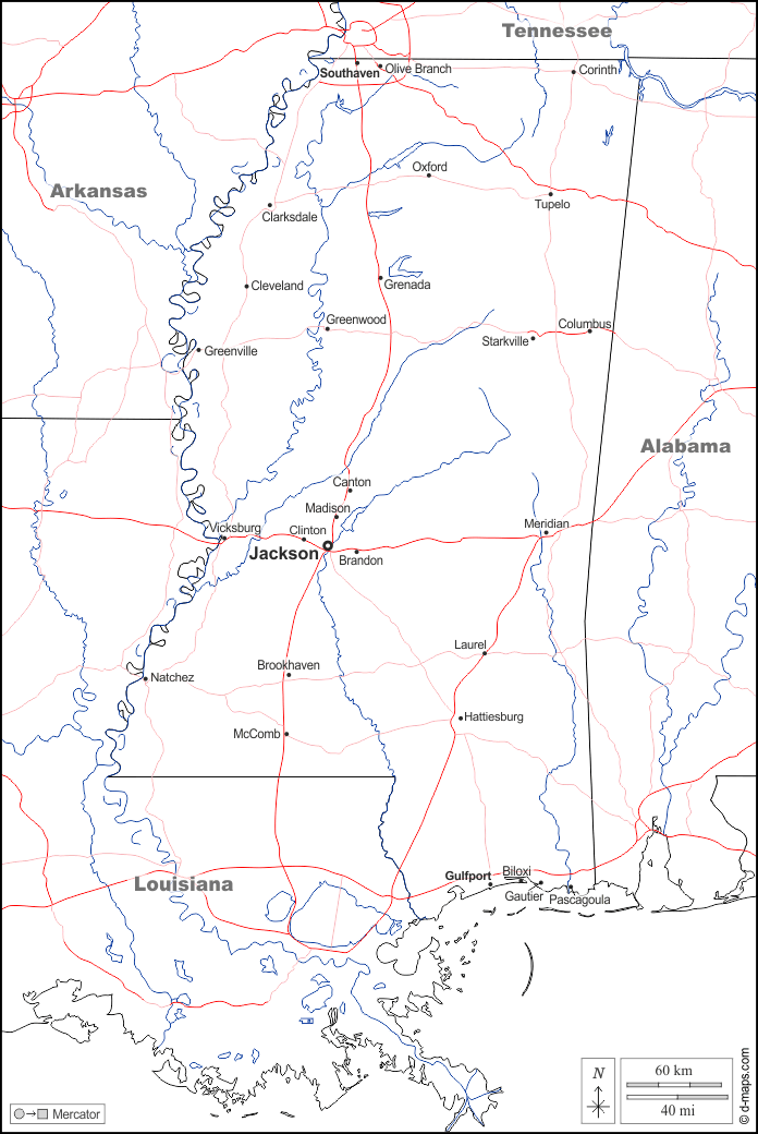 Mississippi : d-maps.com: mappa gratuita, mappa muta gratuita, cartina muta gratuita : frontiere, idrografia, principali città, strade, nomi, bianco