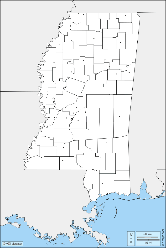 Mississippi : d-maps.com: mappa gratuita, mappa muta gratuita, cartina muta gratuita : frontiere, contee, principali città