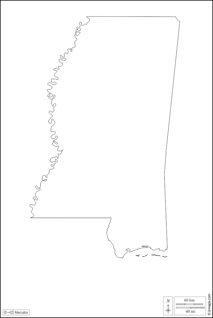 Mississippi : d-maps.com: mappa gratuita, mappa muta gratuita, cartina muta gratuita : contorni, bianco