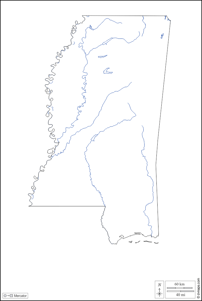 Mississippi : d-maps.com: mappa gratuita, mappa muta gratuita, cartina muta gratuita : contorni, idrografia, bianco
