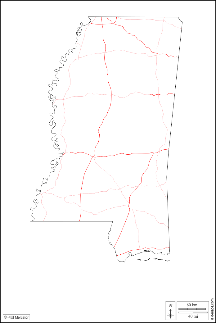 Mississippi : d-maps.com: mappa gratuita, mappa muta gratuita, cartina muta gratuita : contorni, strade, bianco