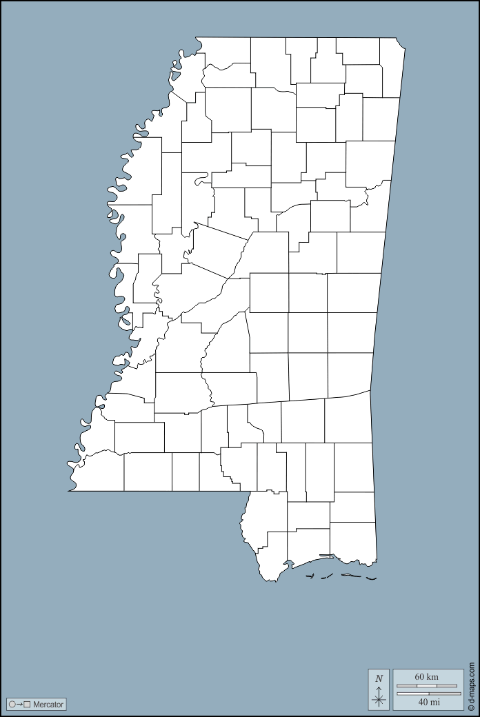 Mississippi : d-maps.com: mappa gratuita, mappa muta gratuita, cartina muta gratuita : limiti, contee