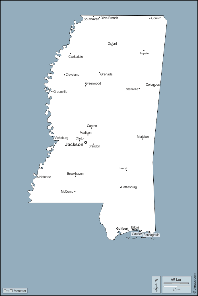 Mississippi : d-maps.com: mappa gratuita, mappa muta gratuita, cartina muta gratuita : contorni, principali città, nomi