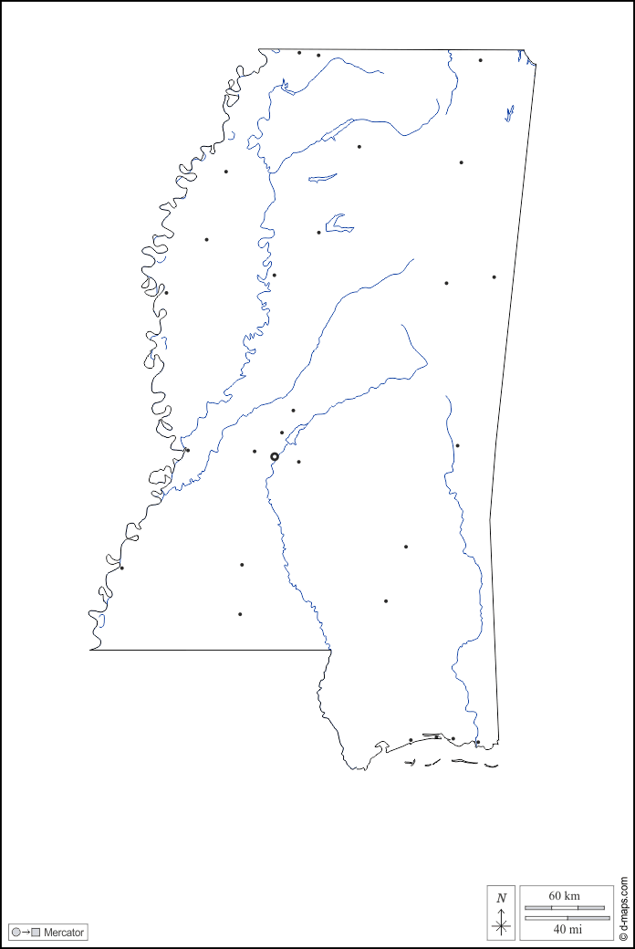 Mississippi : d-maps.com: Kostenlose Karten, kostenlose stumme Karte, kostenlose unausgefüllt Landkarte, kostenlose hochauflösende Umrisskarte : Umrisse, Hydrografie, Wichtige Städte, weiß