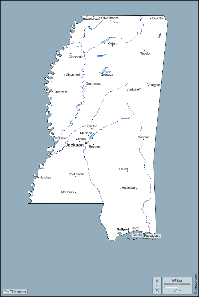 Mississippi : d-maps.com: mappa gratuita, mappa muta gratuita, cartina muta gratuita : contorni, idrografia, principali città, nomi