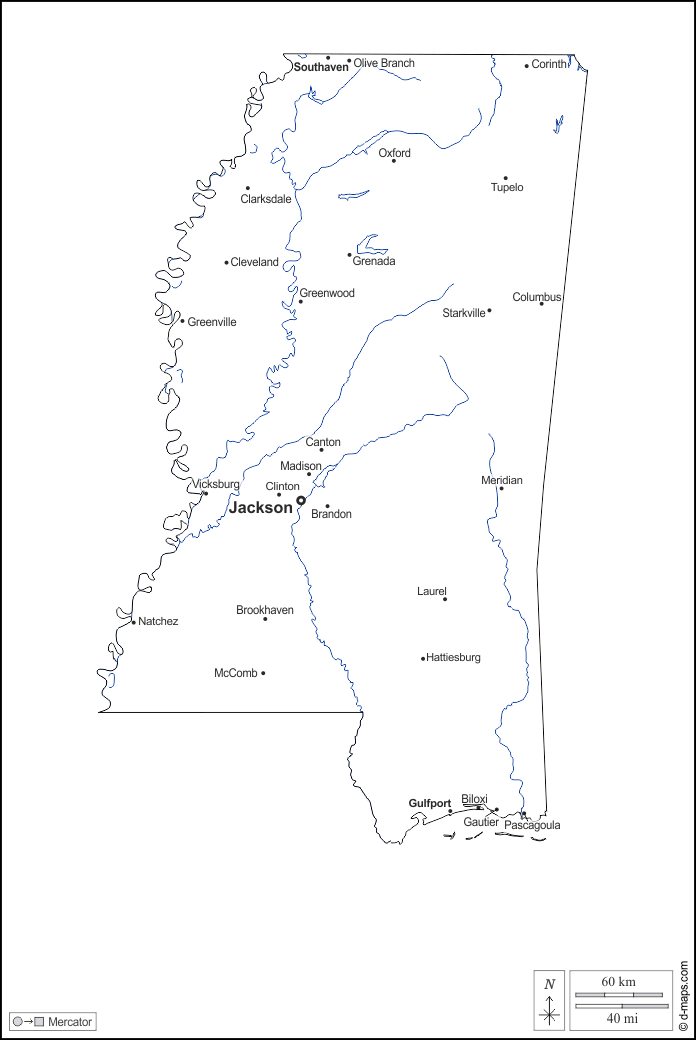 Mississippi : d-maps.com: mappa gratuita, mappa muta gratuita, cartina muta gratuita : contorni, idrografia, principali città, nomi, bianco