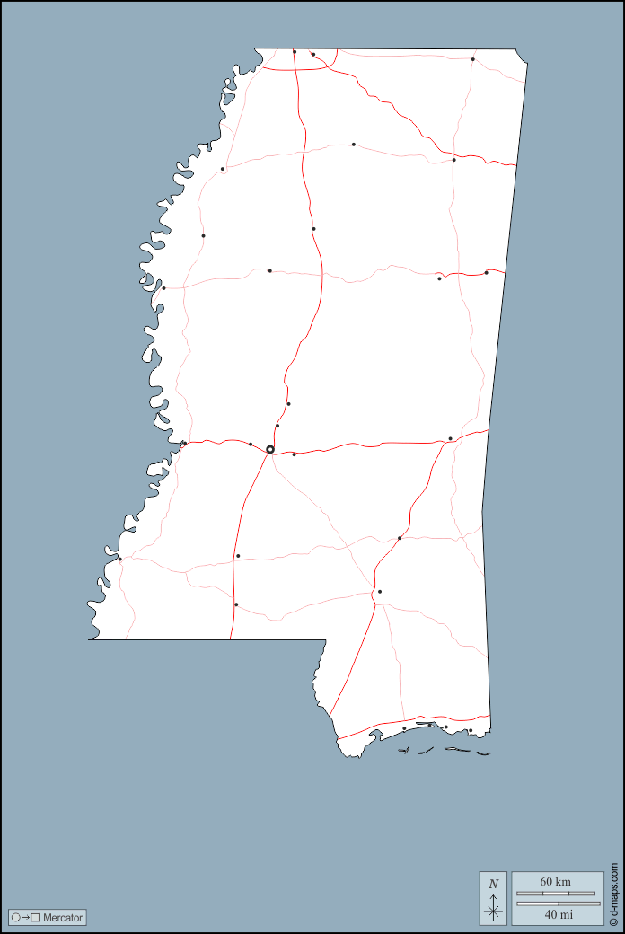Mississippi : d-maps.com: mappa gratuita, mappa muta gratuita, cartina muta gratuita : contorni, principali città, strade