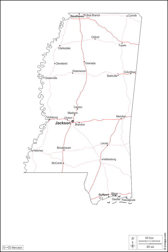 Mississippi : d-maps.com: Kostenlose Karten, kostenlose stumme Karte, kostenlose unausgefüllt Landkarte, kostenlose hochauflösende Umrisskarte : Umrisse, Wichtige Städte, Straßen, Namen, weiß