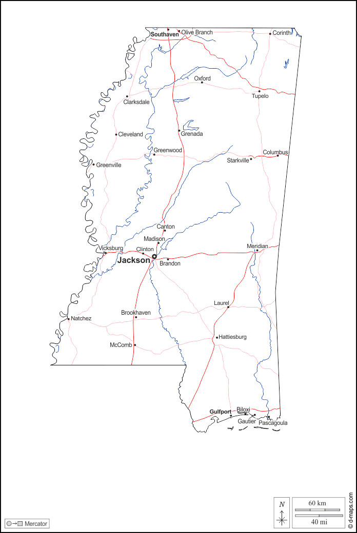 Mississippi : d-maps.com: mappa gratuita, mappa muta gratuita, cartina muta gratuita : contorni, idrografia, principali città, strade, nomi, bianco