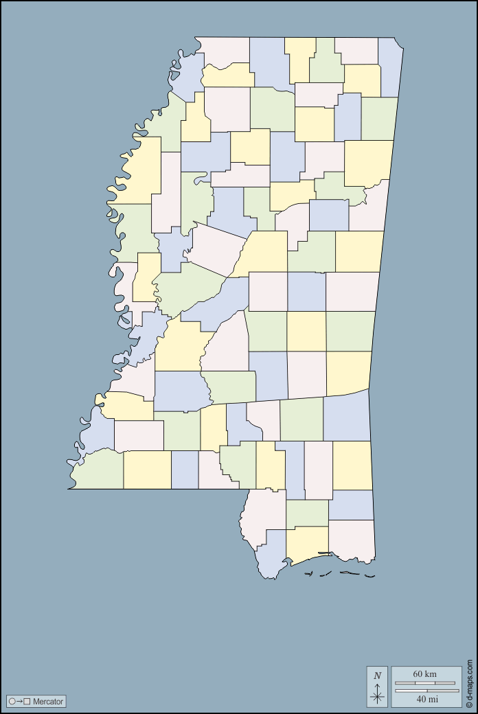 Mississippi : d-maps.com: mappa gratuita, mappa muta gratuita, cartina muta gratuita : contorni, contee, colore