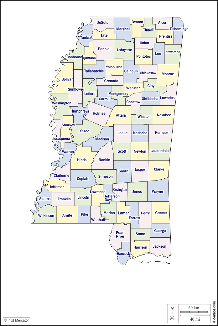 Mississippi : d-maps.com: mappa gratuita, mappa muta gratuita, cartina muta gratuita : contorni, contee, nomi, colore, bianco