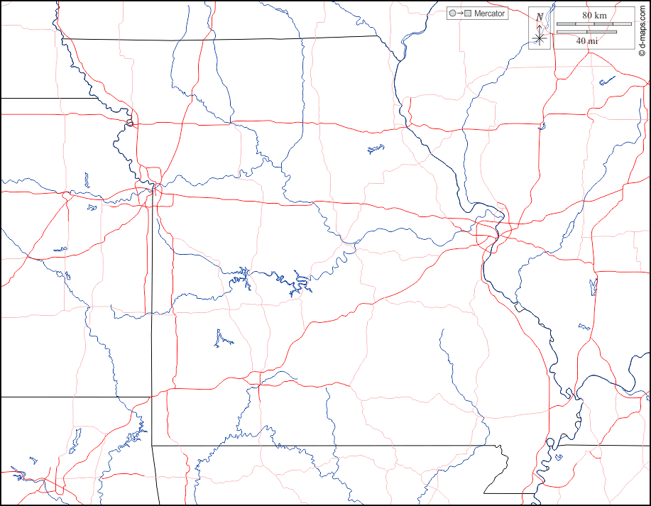 Missouri : d-maps.com: mappa gratuita, mappa muta gratuita, cartina muta gratuita : frontiere, idrografia, strade, bianco