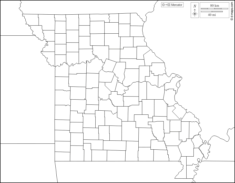 Missouri : d-maps.com: mappa gratuita, mappa muta gratuita, cartina muta gratuita : frontiere, contee, bianco