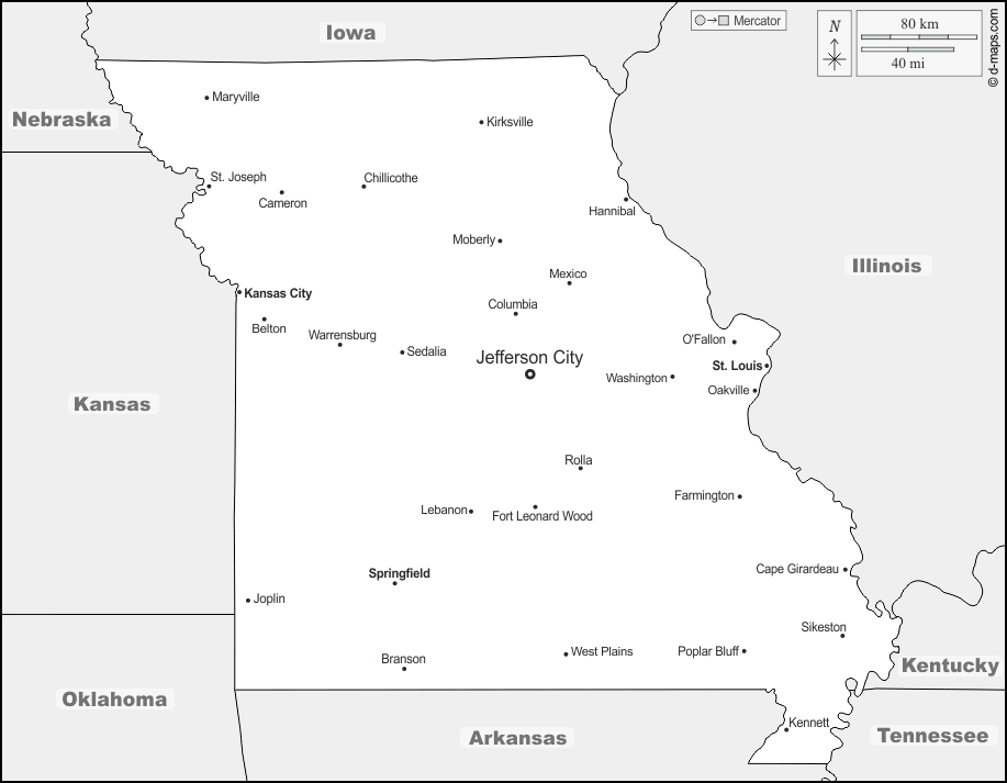 Missouri : d-maps.com: mappa gratuita, mappa muta gratuita, cartina muta gratuita : frontiere, principali città, nomi