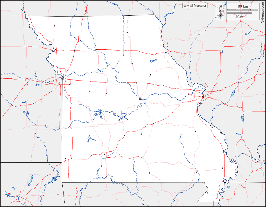 Missouri : d-maps.com: mappa gratuita, mappa muta gratuita, cartina muta gratuita : frontiere, idrografia, principali città, strade