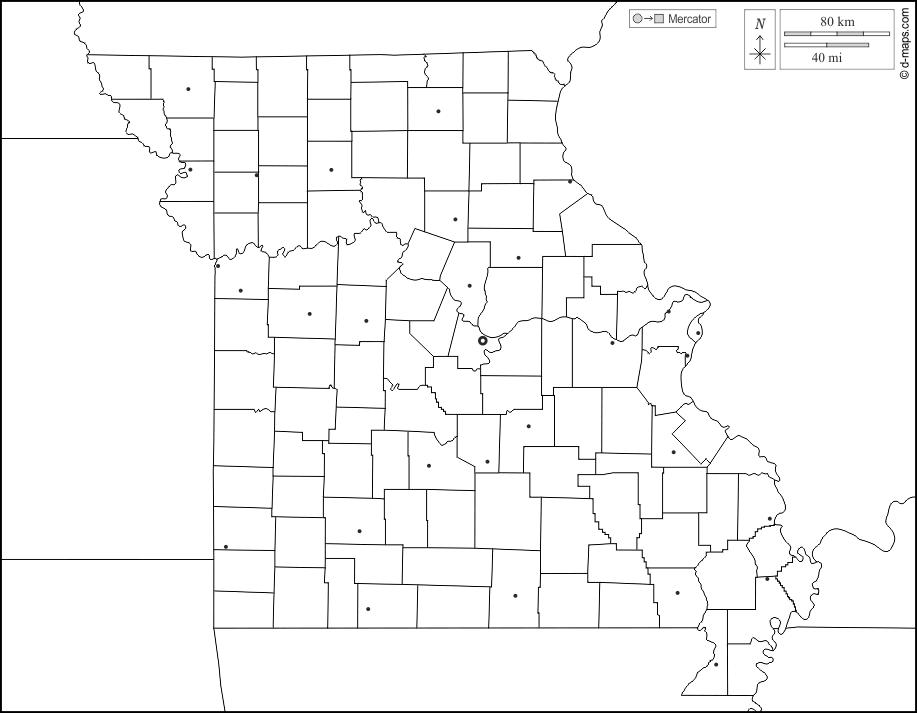 Missouri : d-maps.com: mappa gratuita, mappa muta gratuita, cartina muta gratuita : frontiere, contee, principali città, bianco
