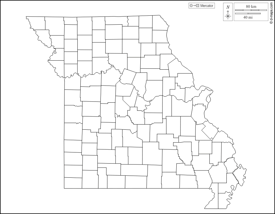 Missouri : d-maps.com: mappa gratuita, mappa muta gratuita, cartina muta gratuita : contorni, contee, bianco