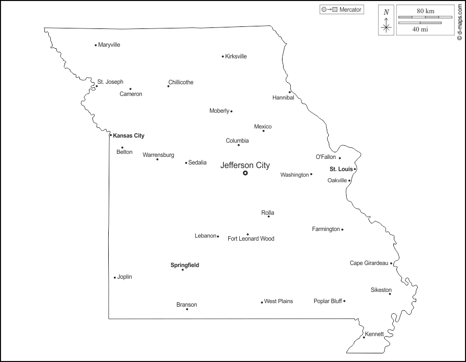 Missouri : d-maps.com: mappa gratuita, mappa muta gratuita, cartina muta gratuita : contorni, principali città, nomi, bianco