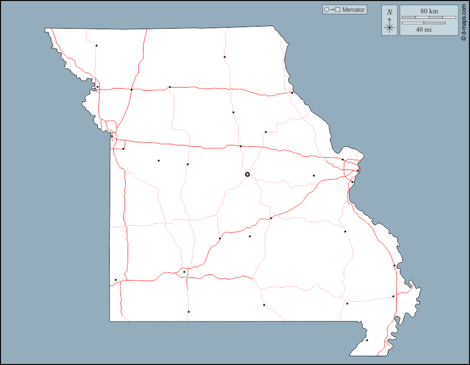 Missouri : d-maps.com: mappa gratuita, mappa muta gratuita, cartina muta gratuita : contorni, principali città, strade