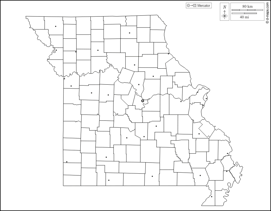 Missouri : d-maps.com: mappa gratuita, mappa muta gratuita, cartina muta gratuita : contorni, contee, principali città, bianco