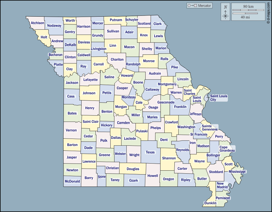 Missouri : d-maps.com: mappa gratuita, mappa muta gratuita, cartina muta gratuita : contorni, contee, nomi, colore