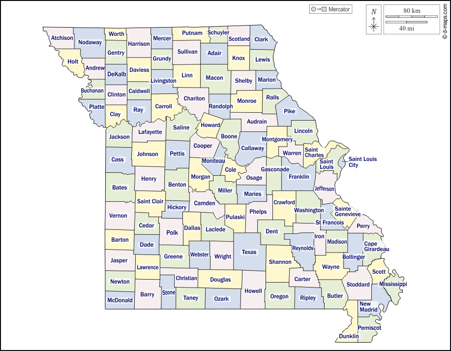 Missouri : d-maps.com: mappa gratuita, mappa muta gratuita, cartina muta gratuita : contorni, contee, nomi, colore, bianco