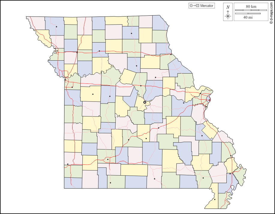 Missouri : d-maps.com: mappa gratuita, mappa muta gratuita, cartina muta gratuita : contorni, contee, principali città, strade, colore, bianco
