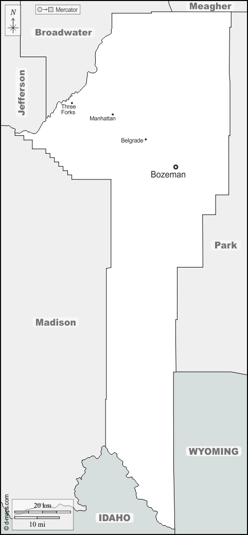 Contea di Gallatin : d-maps.com: mappa gratuita, mappa muta gratuita, cartina muta gratuita : frontiere, principali città, nomi