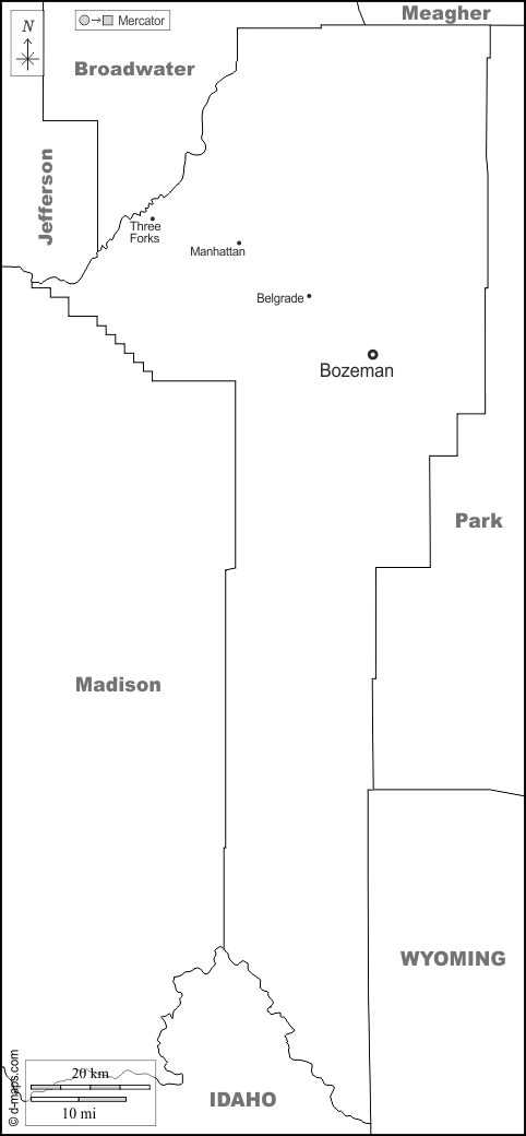 Contea di Gallatin : d-maps.com: mappa gratuita, mappa muta gratuita, cartina muta gratuita : frontiere, principali città, nomi, bianco