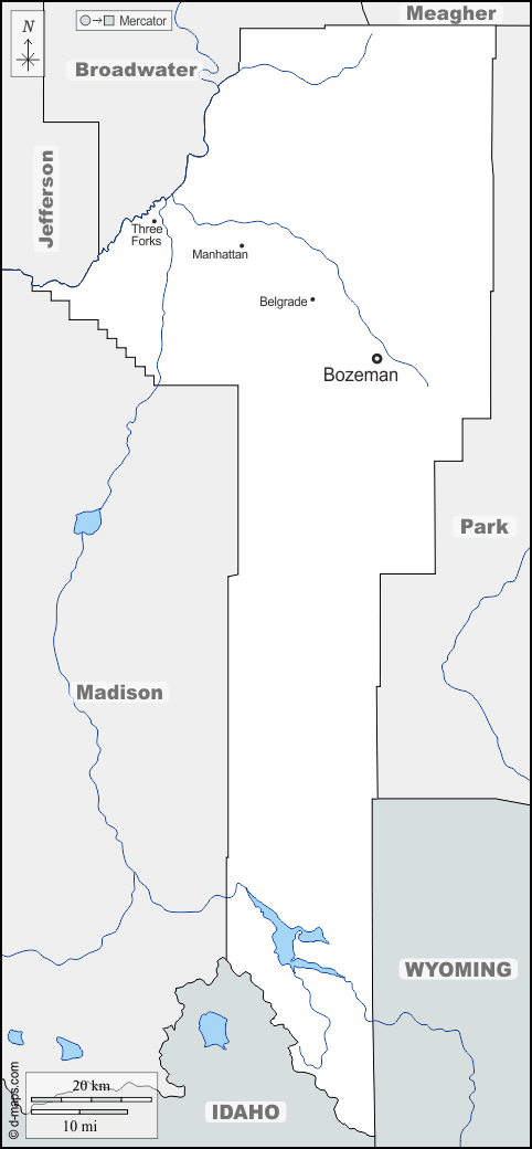 Contea di Gallatin : d-maps.com: mappa gratuita, mappa muta gratuita, cartina muta gratuita : frontiere, idrografia, principali città, nomi