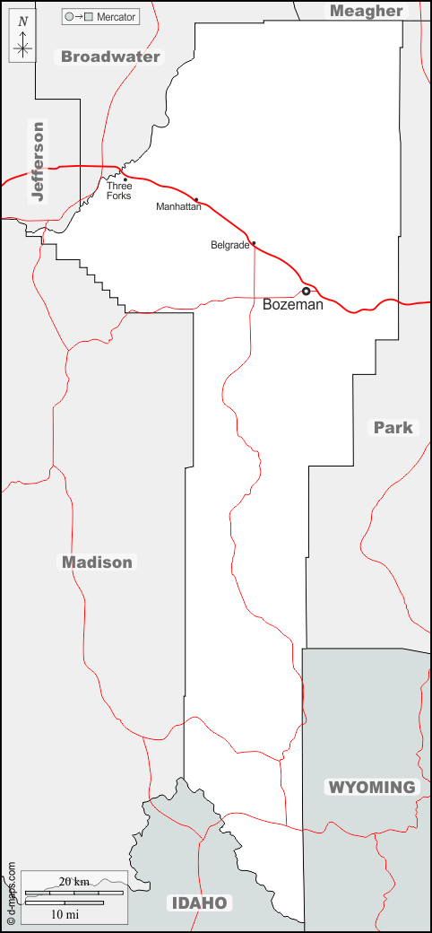 Contea di Gallatin : d-maps.com: mappa gratuita, mappa muta gratuita, cartina muta gratuita : frontiere, principali città, strade, nomi