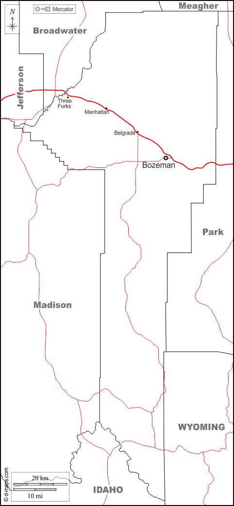 Contea di Gallatin : d-maps.com: mappa gratuita, mappa muta gratuita, cartina muta gratuita : frontiere, principali città, strade, nomi, bianco