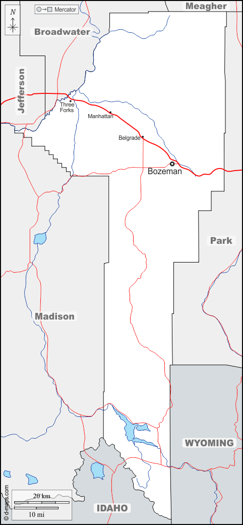 Contea di Gallatin : d-maps.com: mappa gratuita, mappa muta gratuita, cartina muta gratuita : frontiere, idrografia, principali città, strade, nomi