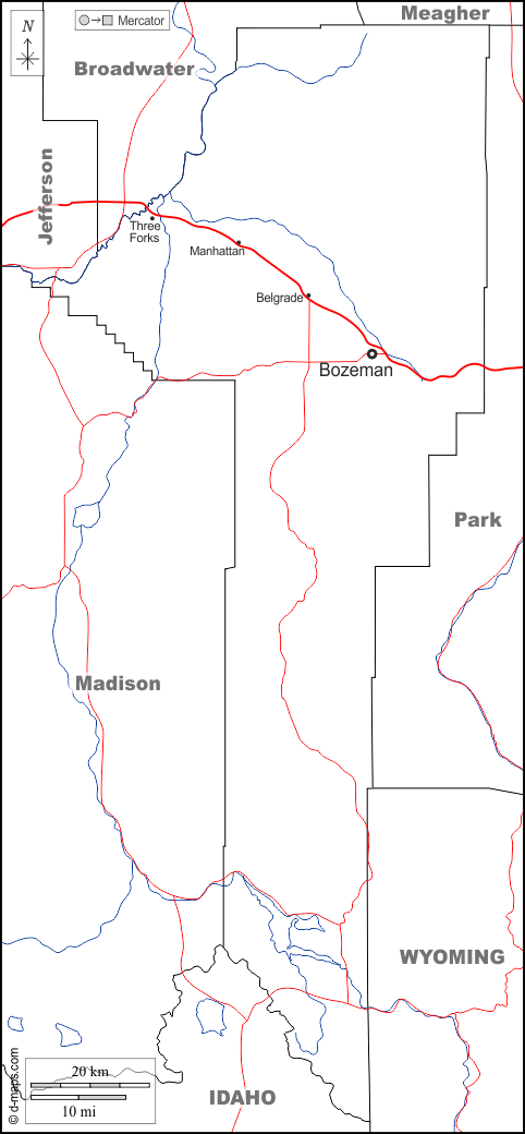 Gallatin County : d-maps.com: Kostenlose Karten, kostenlose stumme Karte, kostenlose unausgefüllt Landkarte, kostenlose hochauflösende Umrisskarte : Grenzen, Hydrografie, Wichtige Städte, Straßen, Namen, weiß