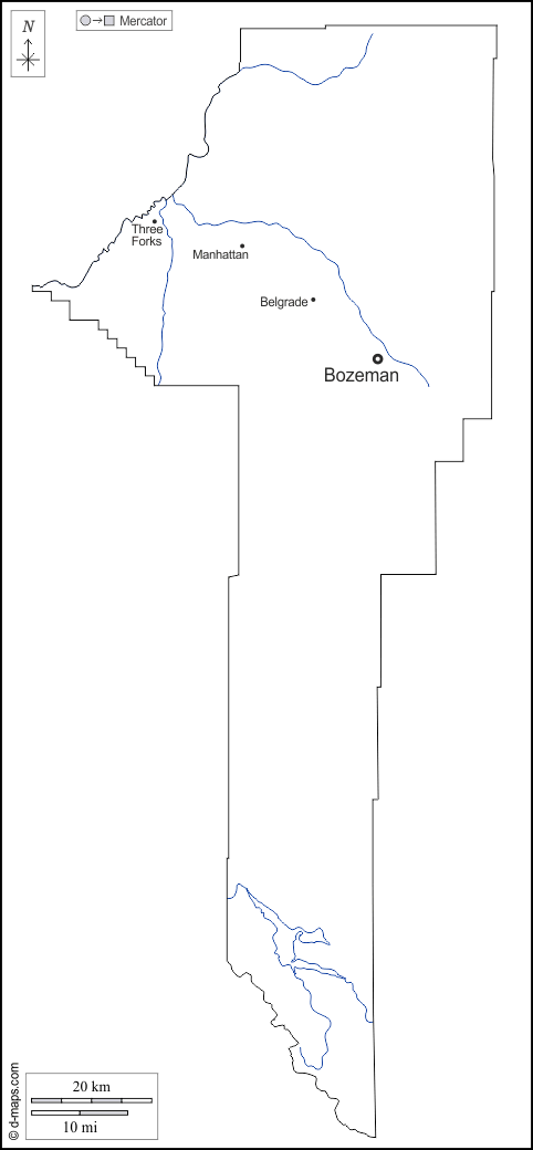Contea di Gallatin : d-maps.com: mappa gratuita, mappa muta gratuita, cartina muta gratuita : contorni, idrografia, principali città, nomi, bianco