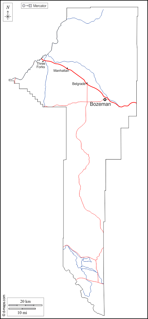 Contea di Gallatin : d-maps.com: mappa gratuita, mappa muta gratuita, cartina muta gratuita : contorni, idrografia, principali città, strade, nomi, bianco