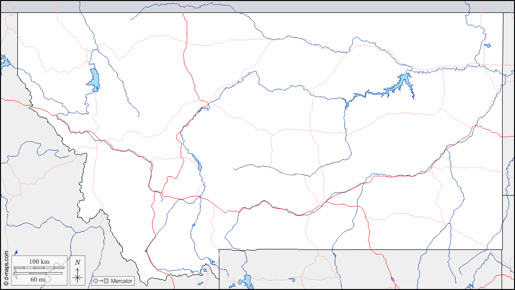Montana : d-maps.com: mappa gratuita, mappa muta gratuita, cartina muta gratuita : frontiere, idrografia, strade