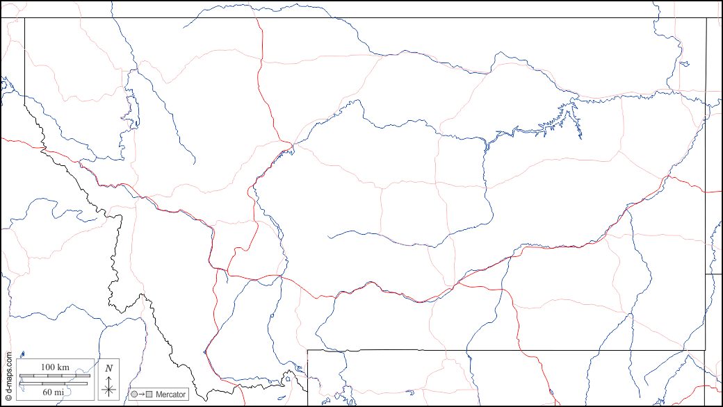 Montana : d-maps.com: mappa gratuita, mappa muta gratuita, cartina muta gratuita : frontiere, idrografia, strade, bianco