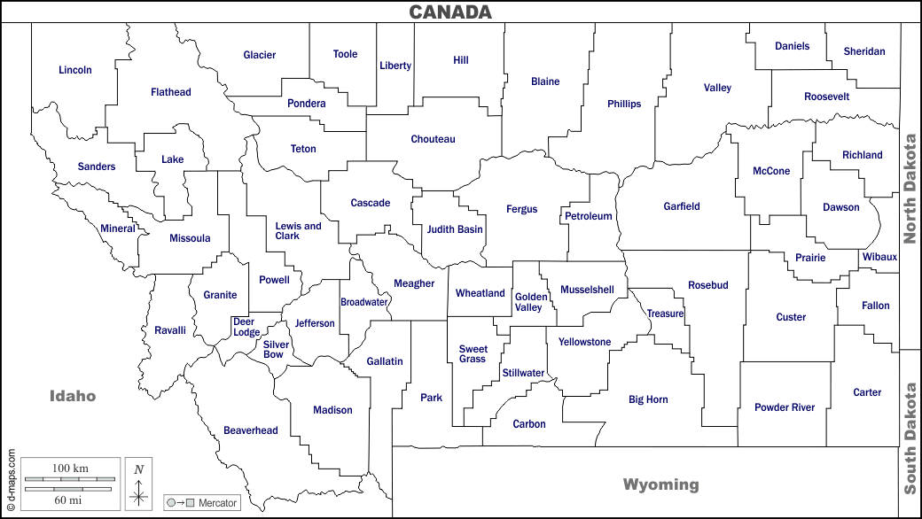 Montana : d-maps.com: mappa gratuita, mappa muta gratuita, cartina muta gratuita : frontiere, contee, nomi, bianco